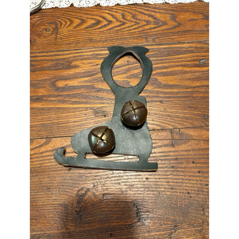 VINTAGE "MBS" Leather Door Handle Ice Skate With Gold Bells Holidays Winter